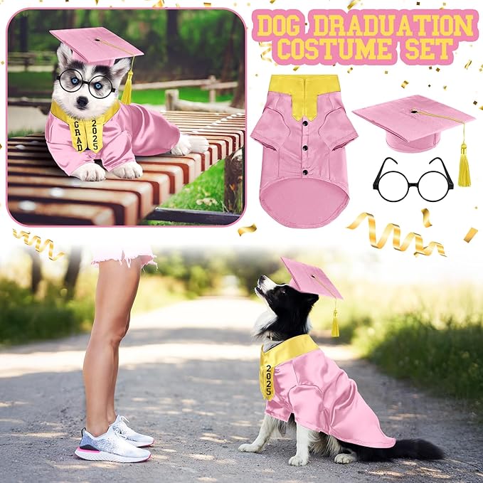 5 Pcs Dog Graduation Costume Set Include 2025 Pet Graduation Gown with Stole Puppy Grad Cap Lensless Glasses DIY Letter Stickers for Dogs Cats Holiday Costume Accessory(Pink Yellow,S)