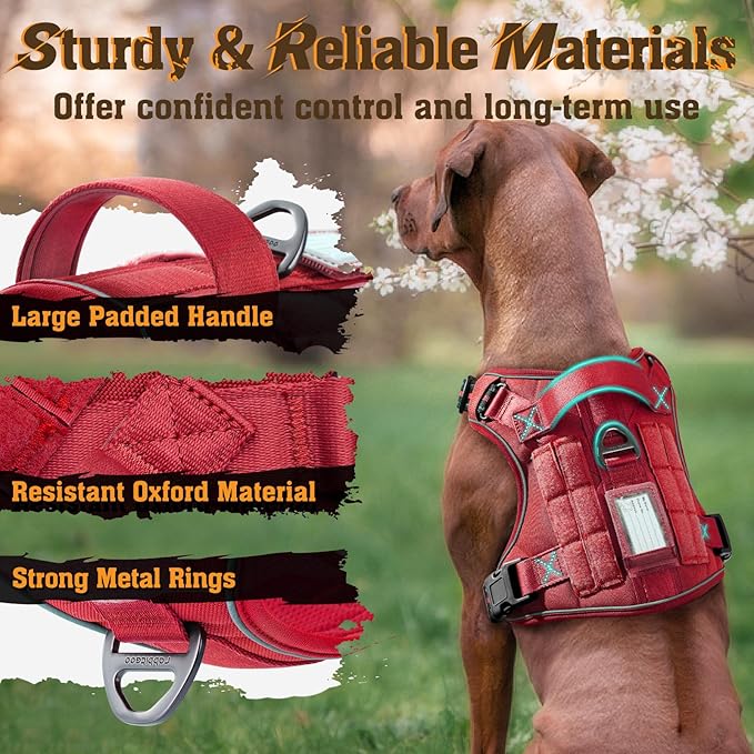 rabbitgoo Dog Harness Medium Sized No Pull, Tactical Service Dog Vest with Molle and Control Handle, Adjustable and Reflective Military Pet Harness for Easy Walking and Training, Red, M