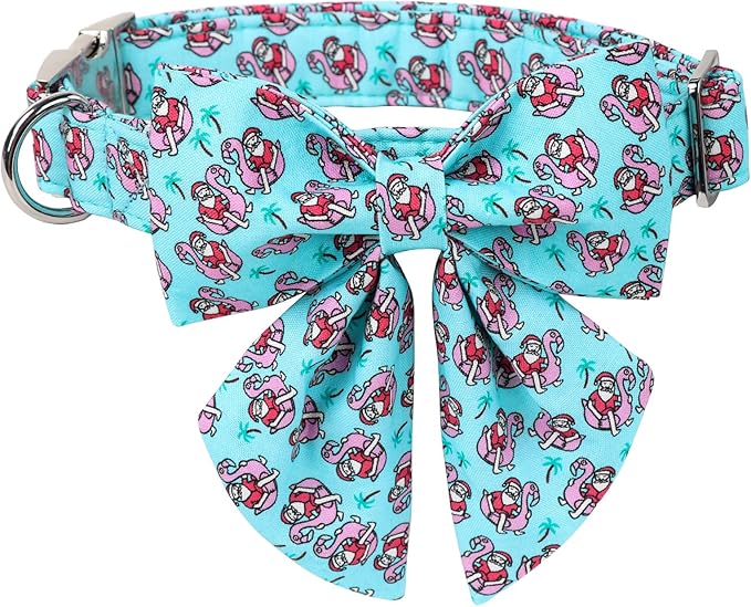 MR. CHUBBYFACE Christmas Dog Collar with Bow, Blue Senta Claus Pattern Dog Collar with Metal Buckle Cute Boy Girl Pet Collars for Puppy Small Medium Large Dogs