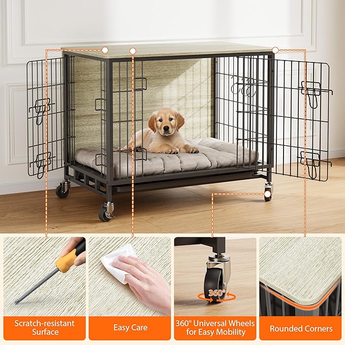 Dog Crate Furniture, 32.5" Wooden Dog Kennel with Wheels & Double Doors, Dog Cage End Table Upgraded, Indoor Dog Crate House for Small Medium Dogs, Rustic Grey