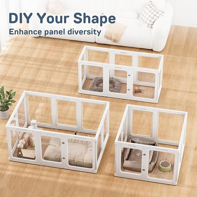 Clear Dog Playpen Indoor, 24" Acrylic Plastic Pet Play Pen with Door, Playpen for Puppy Cat Rabbit Ferret, Easy to Install Preferable Playpen for Small Dogs, Customizable, White 8 PCS