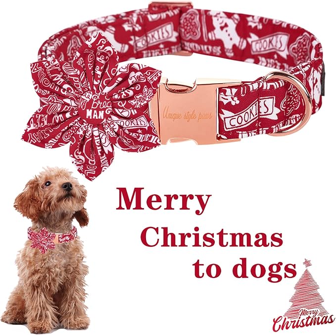 Unique style paws Christmas Dog Collar with Flower Tie Winter Gingerbread Snowman Theme Puppy Collar for Small Medium Large Dogs-M