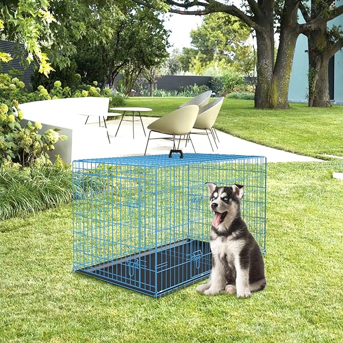 PayLessHere Large Dog Crate Kennel for Medium Large Dogs 36 inches Metal Dog Cage Double-Door Folding Travel Indoor Outdoor Puppy Playpen with Divider and Handle Plastic Tray,Blue