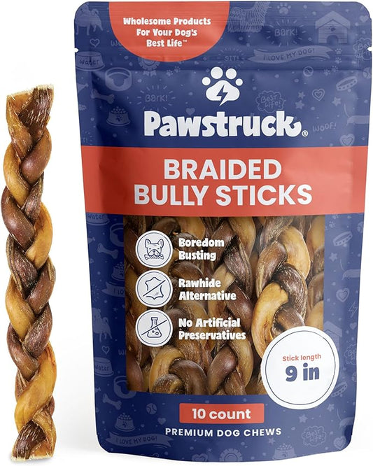 Pawstruck Natural 9” Braided Bully Sticks for Dogs - Tough Long Lasting, Rawhide Free, Low Odor, Healthy Single Ingredient Chew Treat for Aggressive Chewers - 10 Count - Packaging May Vary