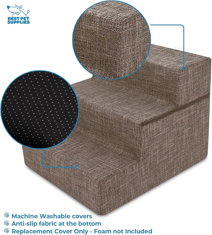 Best Pet Supplies Portable Foldable Foam Pet Stairs/Steps for Couch, Sofa, and High Bed, Non-Slip Bottom Balanced Paw Safe - Brown Linen, Foldable 3-Step (H: 16.5")