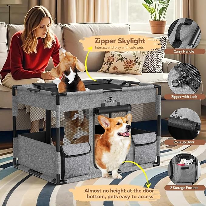 Cat Dog Playpen, 91x61x61cm Portable Puppy Playpen Dog Play Pen Indoors with Cover and Gate, Tear Resistant Thickened Fabric Waterproof Bottom Breathable Mesh Dog Fence, Gray & Black