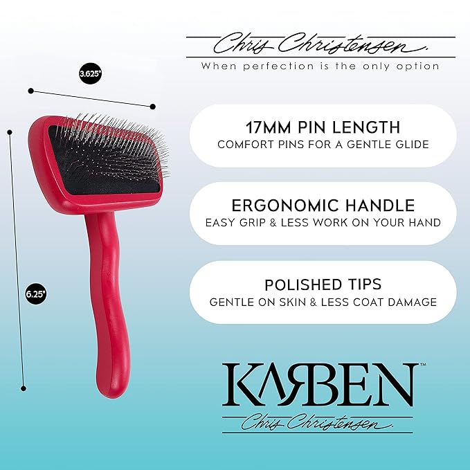 Chris Christensen Karben II Slicker Brush for Dogs, Groom Like a Professional, Ideal For All Coat Types, Remove Shedding Coat, Tangles and Dead Undercoat, 17 mm Stainless Steel Pins, Red, Small