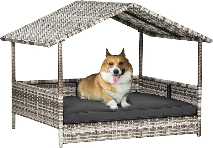 PawHut Wicker Dog House Outdoor with Canopy, Rattan Dog Bed with Water-Resistant Cushion, Raised Dog Bed for Small, Medium Dogs up to 66 lbs, 19.75" in Length, Gradient Gray Wicker & Cushion