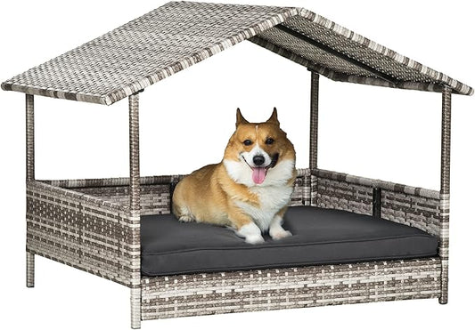 PawHut Wicker Dog House Outdoor with Canopy, Rattan Dog Bed with Water-Resistant Cushion, Raised Dog Bed for Small, Medium Dogs up to 66 lbs, 19.75" in Length, Gradient Gray Wicker & Cushion