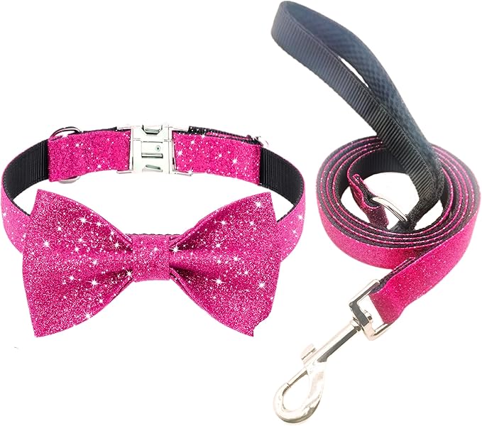 Bling Bow Tie Dog Collar and Leash Set, Cute Pink Girl Dog Collar with 5ft Leash for Small Medium Dogs Daily Walking or Holiday Party (Hot Pink, Neck fit 13-19’’)
