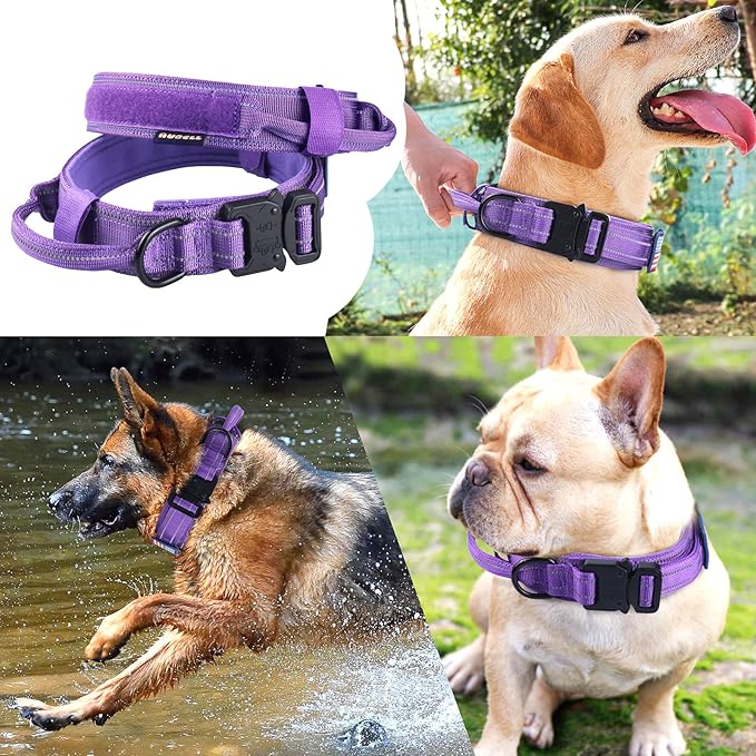 AUBELL Reflective Dog Collar, Tactical Dog Collar Adjustable Military Collar Nylon K9 Collars with Control Handle and Heavy Duty Metal Buckle for Small Medium Large Dogs, with 2 Patches (Purple, XL)