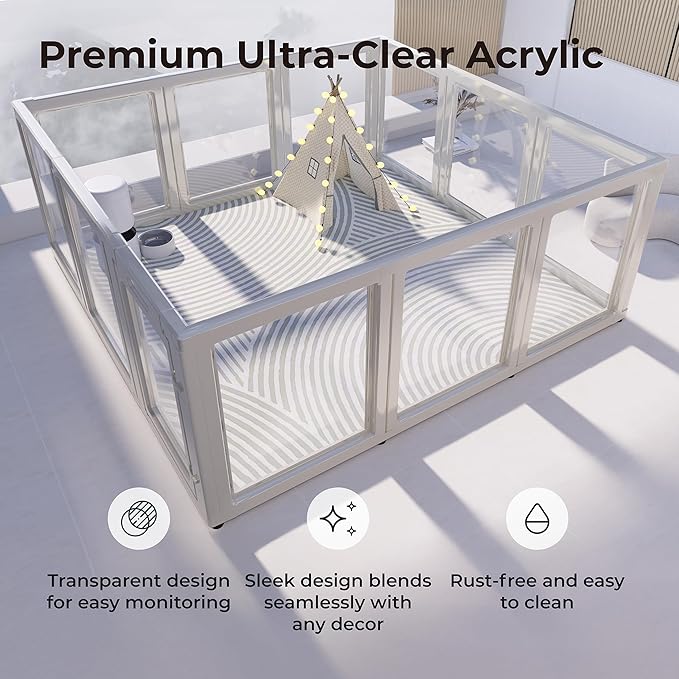 Clear Acrylic Plastic Dog Playpen Indoor,for Puppy Cat Rabbit Ferret Transparent Pet Pen,Easy Assemble Enclosure,Preferable for Small Dogs (12 Panels (White))