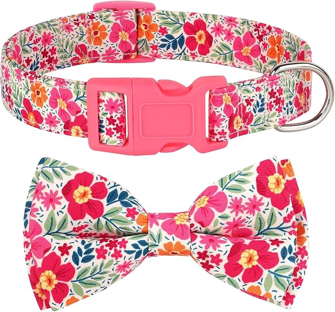 Didog Floral Dog Collar with Bow, Cute Girl Dog Collars with Detachable Bowtie, Soft & Comfy Spring Summer Dog Collar for Small Medium Large Dogs Gift Holiday, Pink, M
