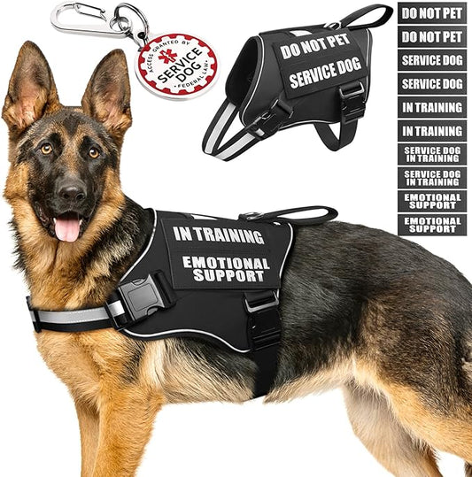 Service Dog Vest Harness+ID Tag+10 Patches,Metal Serivce Dog Tag&Reflective Emotional Support Dog Vest with Handle for Large Dogs,Easy Put On/Off for Training/Walking/Everyday Black XL