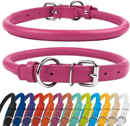 CollarDirect Rolled Leather Dog Collar, Soft Padded Round Puppy Collar, Handmade Genuine Leather Collar Dog Small Large Cat Collars 13 Colors (6-7 Inch, Pink Textured)
