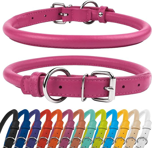 CollarDirect Rolled Leather Dog Collar, Soft Padded Round Puppy Collar, Handmade Genuine Leather Collar Dog Small Large Cat Collars 13 Colors (13-16 Inch, Pink Textured)