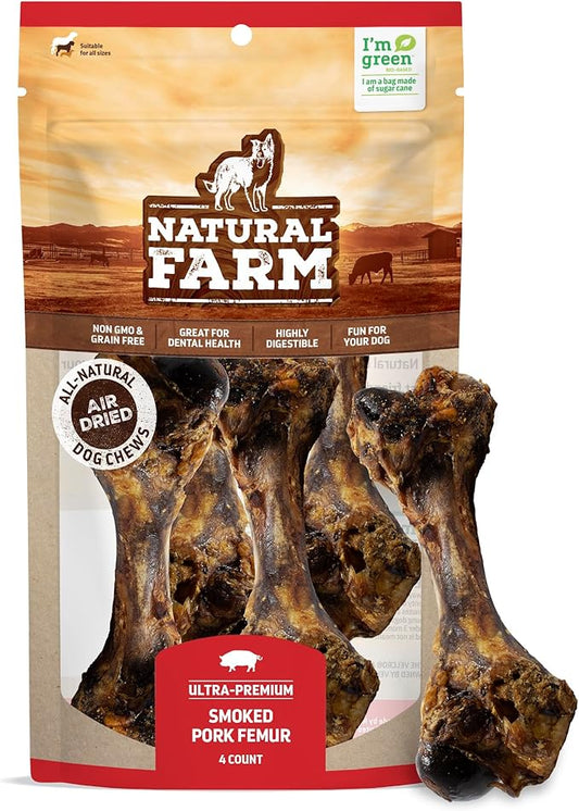 Natural Farm Smoked Pork Femur (4 Pack), 100% Natural Ham Bones for Dogs, High in Minerals & Vitamins, Mental Stimulation, Grain-Free Long-Lasting Bones for Large and Medium Dogs