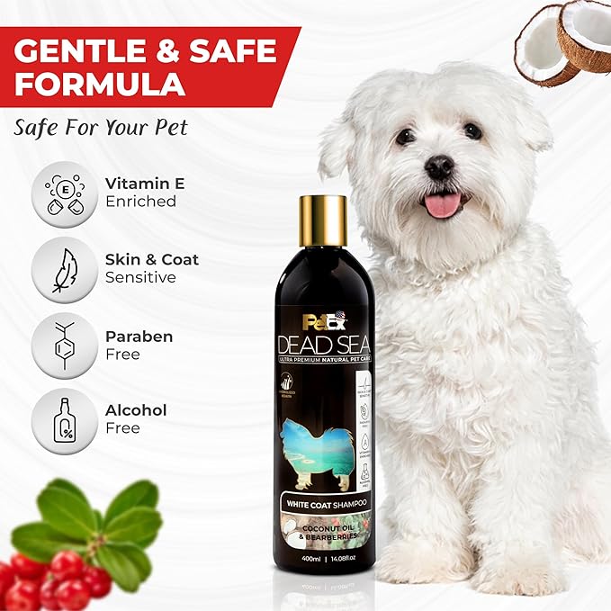 Ultra Premium Pet Care with Dead Sea Minerals - White Coat Shampoo - Shine and Brightness to White Coat, Keep Clean and Soft, Alcohol and Paraben Free, Suitable for Dogs & Cats