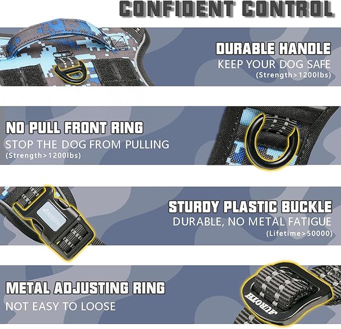 Auroth Tactical Dog Training Harness No Pulling Front Clip Leash Adhesion Reflective K9 Pet Working Vest Easy Control for Small Medium Large Dogs Blue Camo S