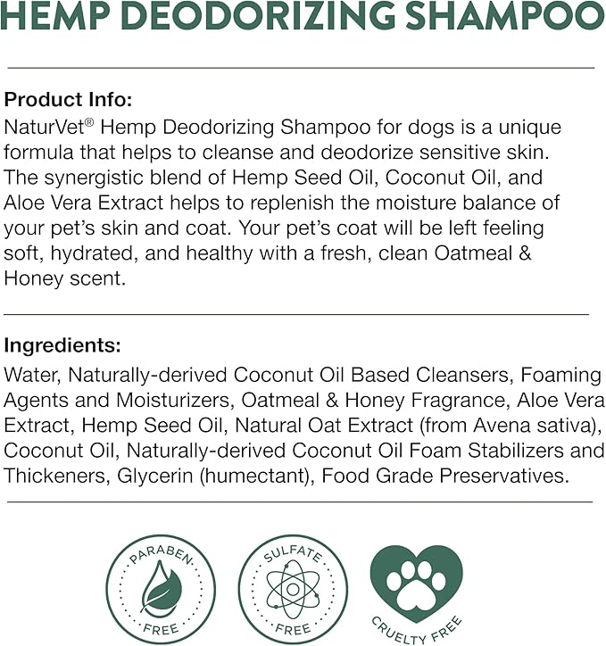 NaturVet – Hemp Deodorizing Shampoo for Dogs - Plus Oatmeal & Honey – 16 oz – Gently Cleanses & Deodorizes Skin & Coat – Enhanced with Hemp Seed Oil, Coconut Oil & Aloe Vera Extract
