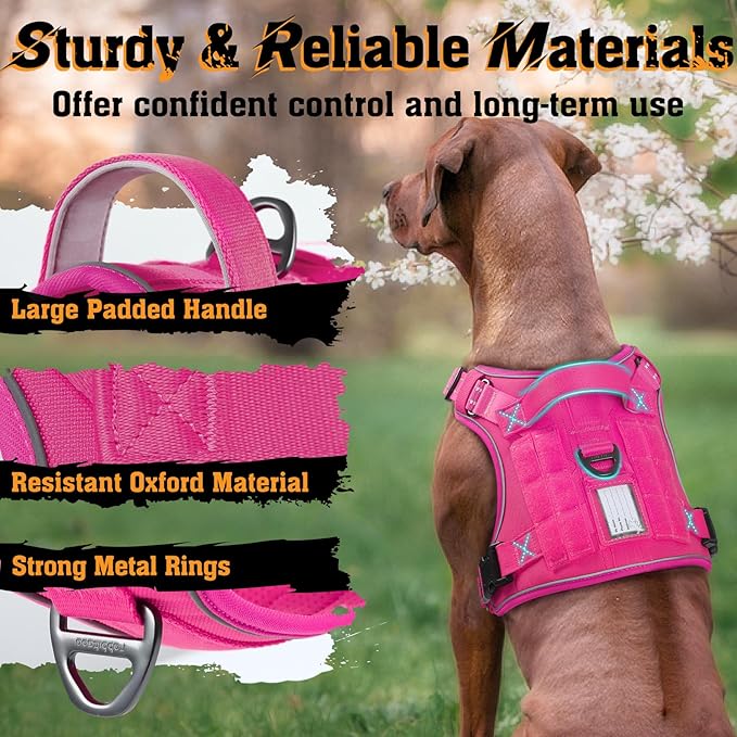 rabbitgoo Dog Harness for Large Dogs No Pull, Tactical Service Dog Vest with Molle and Control Handle, Adjustable and Reflective Military Pet Harness for Easy Walking and Training, Rose Red, XL