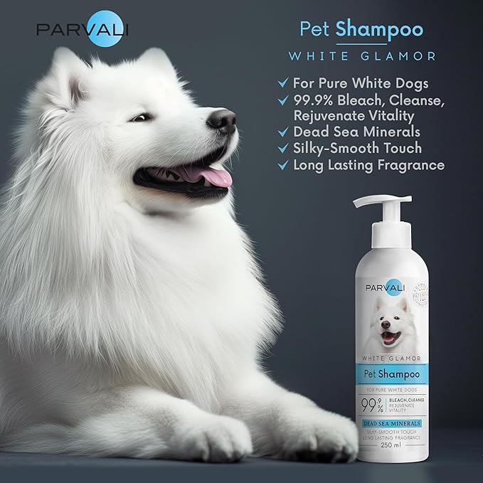 Natural Dead Sea White Glamor Pet Shampoo (250 ml, 8.45 fl oz). Gentle Bleaching for White Fur Breeds. Silky-Touch, Minerals Rich, Extra-Scented Formula for Gentle and Easy Application. Enjoy!
