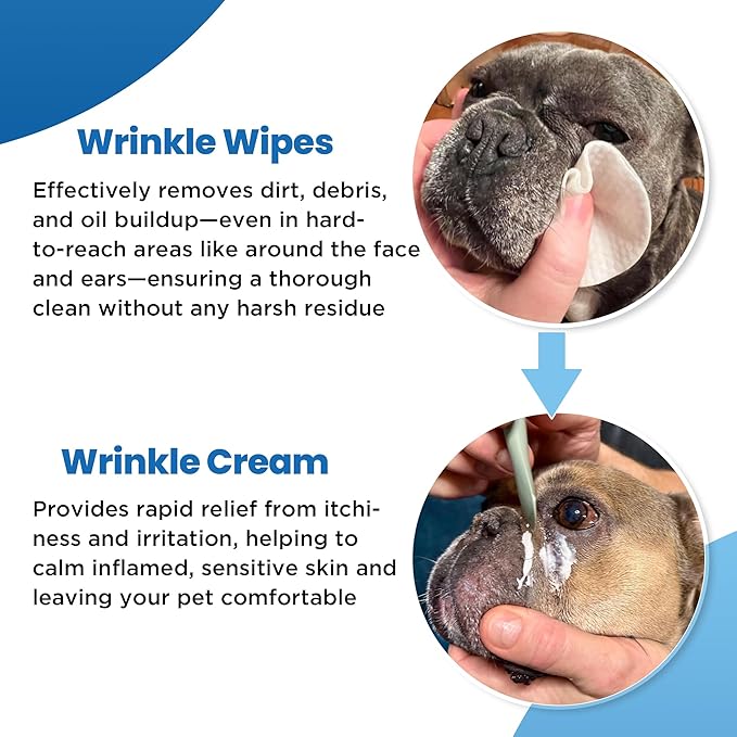 Bulldog Wrinkle Wipes & Cream Combo – Dual‑Texture Dog Face Wipes & Soothing Wrinkle Paste – 100 Wipes + 85 g Cream