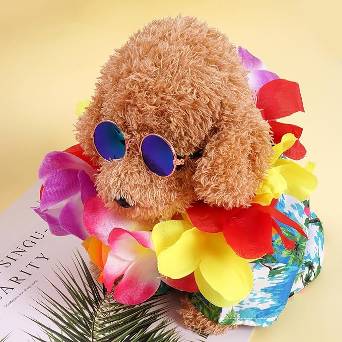 3 Pieces Pet Hawaiian Costume Summer Shirts Sunglasses and Wreath for Small to Medium Dog Cat (Large)