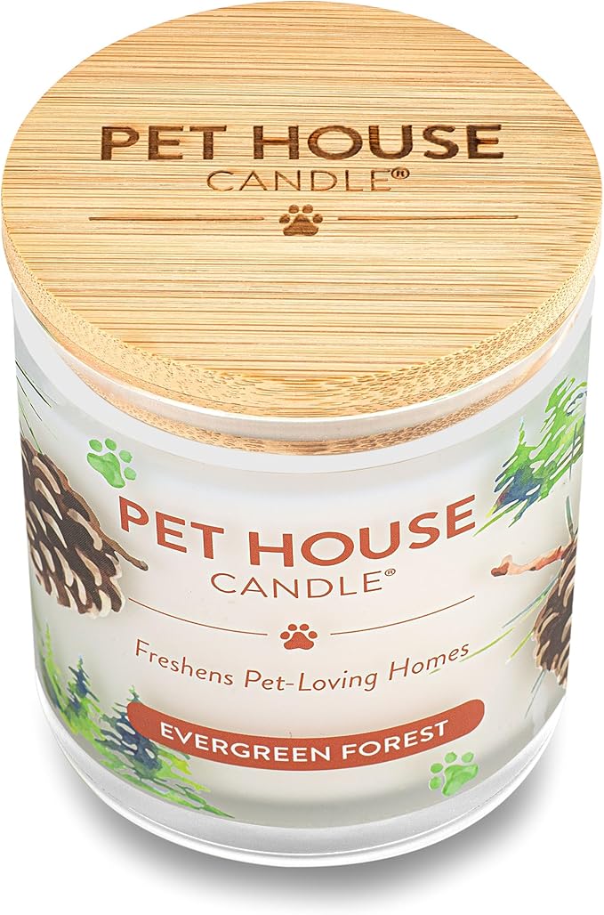 One Fur All Pet House Scented Candle in 9 OZ Glass Jar, 100% Plant-Based Soy Candle with a Cotton Wick, Clean Burning, Long Lasting Pet Odor Candles for Home, Evergreen Forest