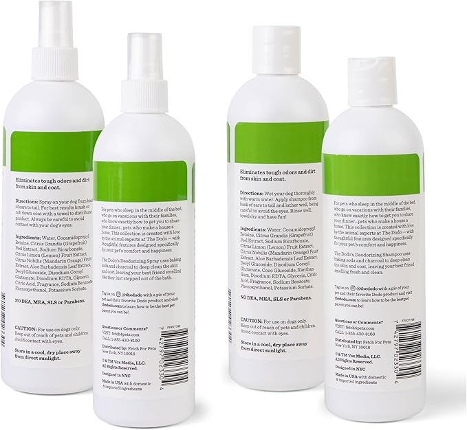 The Dodo Deodorizing Shampoo & Spray Twin Pack for Dogs; 12oz Deodorizing Dog Shampoo + 12oz Deodorizing Dog Spray with Charcoal; Vegan, Cruelty-Free, No DEA, MEA, SLS or Parabens