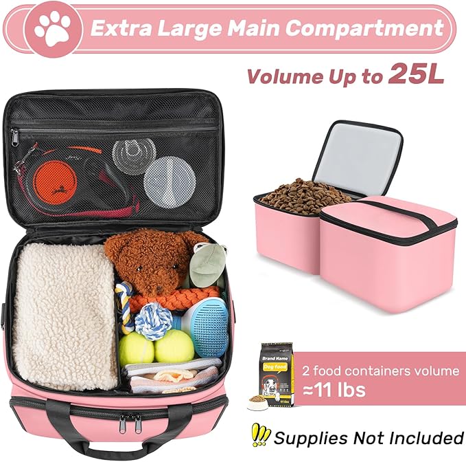 6 Set Dog Travel Bag, Large Pet Supplies for Dogs, Includes 2 Collapsible Dog Bowls, 2 Food Containers, 1 Treat Pouch with Pet Travel Bag, Pink