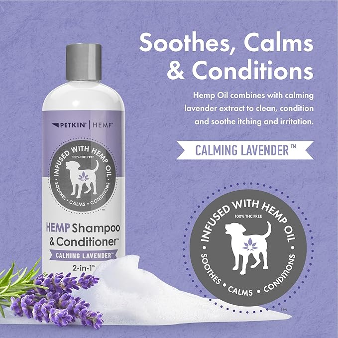 Petkin Hemp Shampoo & Conditioner for Dogs and Cats – with Hemp Oil & Calming Lavender Extract, 16 fl oz – Soothes, Calms & Conditions, Keeps Pet Smelling Great – for Home and Travel