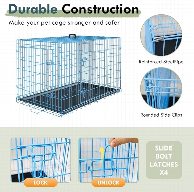 PayLessHere Large Dog Crate Kennel for Medium Large Dogs 36 inches Metal Dog Cage Double-Door Folding Travel Indoor Outdoor Puppy Playpen with Divider and Handle Plastic Tray,Blue