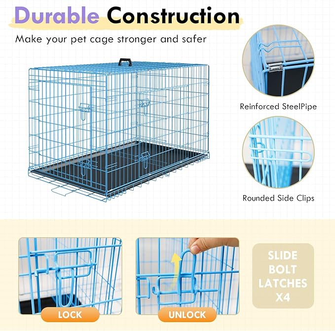 PayLessHere Large Dog Crate Kennel for Medium Large Dogs 24 inches Metal Dog Cage Double-Door Folding Travel Indoor Outdoor Puppy Playpen with Divider and Handle Plastic Tray,Blue