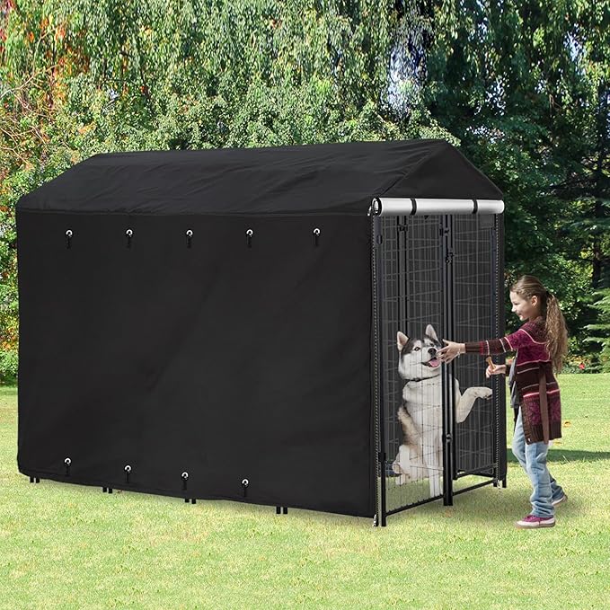 Classic Black Outdoor Dog Kennel Cover 8'Dx4'Wx6'H Full Coverage Windproof Anti-UV.Waterproof Dog Kennel Cover for Multiple Brands of Dog Kennels,Cover Only,Classic Black.(Patent Pending)
