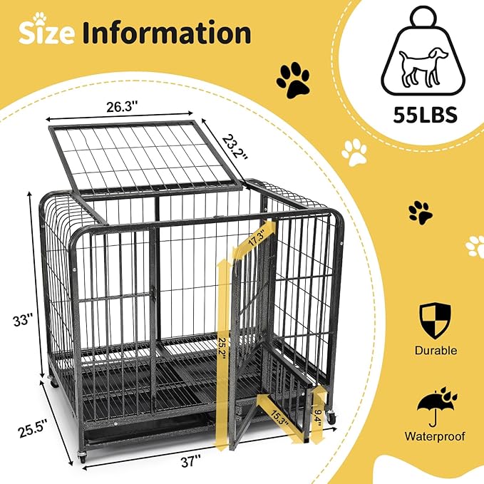 Dog Kennel Indoor, 36 Inch Dog Crate Heavy Duty, Escape Proof Dog Cage Kennel with Removable Tray for Small Dogs, High Anxiety Crate with Lockable Wheels and 3 Doors