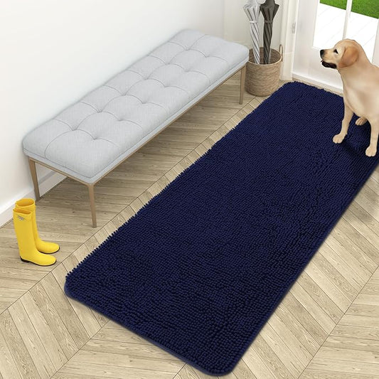 OLANLY Dog Door Mat for Muddy Paws 59x24, Absorbs Moisture and Dirt, Absorbent Non-Slip Washable Mat, Quick Dry Chenille, Mud Mat for Dogs, Entry Indoor Door Mat for Inside Floor, Navy Blue