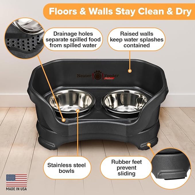 Neater Feeder Deluxe Mess Proof Dog Bowls Elevated for Small Breed – Made in USA – No Spill Raised Dog Food Bowl Stand – Stainless Steel Food and Water Bowl Set, Pet Feeding Station, Black