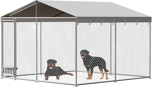 Dog Kennel Outdoor with Waterproof Canopy, Large Dog House with Feeding Doors, Large Dog Kennel Outdoor for Garden Backyard Courtyard（10×10×7FT）