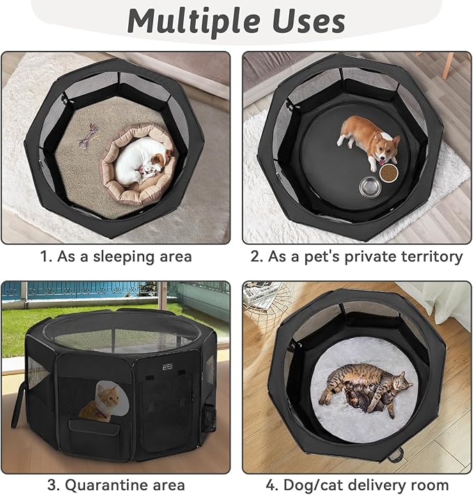 PETSFIT Portable Dog Playpen, 29" Dia Puppy Playpen with Zipper Removable Mesh Top Cover and Leakproof Playpen Bottom Mat-Cat Playpen Indoor/Outdoor for Cats,Dogs&Small Animals