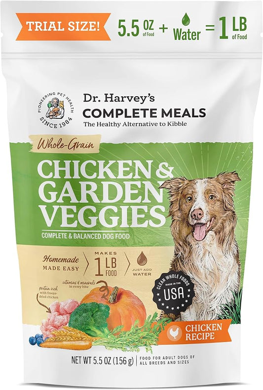 Dr. Harvey's Chicken & Garden Veggies Dog Food, Human Grade Whole-Grain Dehydrated Dog Food with Freeze-Dried Chicken (5.5 Ounces, Trial Size)
