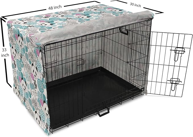 Lunarable Panda Dog Crate Cover, Portraits of Chinese Bears on Sketch Flowers and Abstract Circular Shapes, Easy to Use Pet Kennel Cover for Medium Large Dogs, 48 Inch, Slate Blue Pink Grey