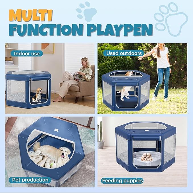 Dog Playpen,45x45x25.6 Inches Hexagonal Dog Fence,Oxford Cloth with Tear Resistance, Large Space Pet Playpen with Double-Opening Doors for Outdoors & Indoors, Anti-Tipping, Ideal for Dogs and Cats