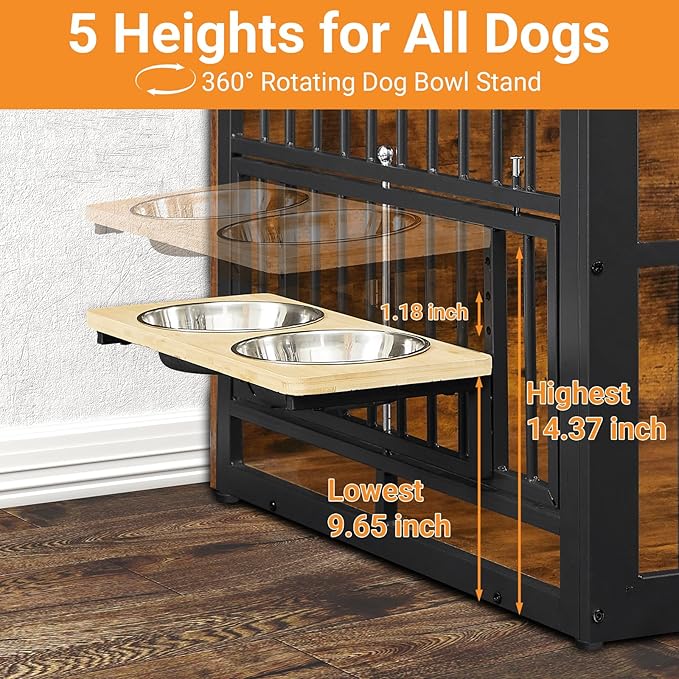 Dog Crate Furniture, 48 Inch Dog Kennel Furniture, Wooden Dog Crate Furniture Large Breed with Rotating Bowls, Heavy Duty Dogs Cage Furniture Indoor, Decorative Crates End Table, Brown