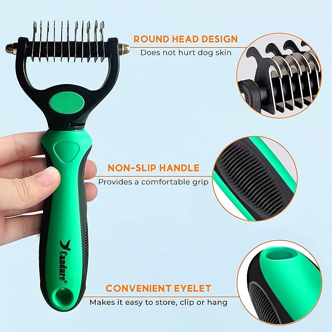 Candure Pet Friendly Double-Sided Dematting Undercoat Rake and Comb for Effective Hair Removal and Shedding Control in Dogs & Cats (Small, Green)