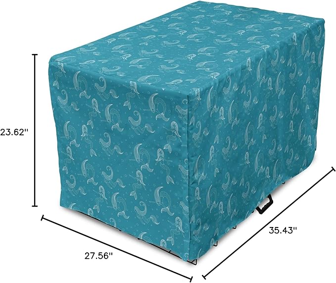 Lunarable Mermaid Tail Dog Crate Cover, Cartoon Design of Aquatic Girl Swimming Underwater Bubbles, Easy to Use Pet Kennel Cover for Medium Large Dogs, 36 Inch, Dark Turquoise Ivory