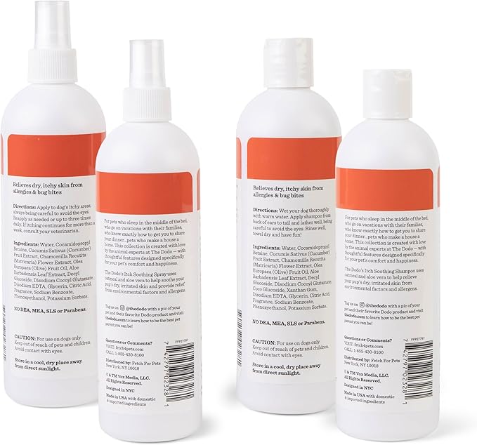 The Dodo Itch Relieving Shampoo & Spray Twin Pack for Dogs; 12oz Itch Relief Dog Shampoo + 12oz Itchy Dog Spray with Lavender and Chamomile; Vegan, Cruelty-Free, No DEA, MEA, SLS or Parabens