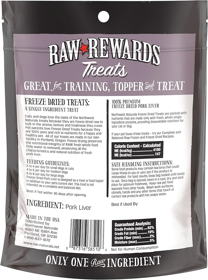 Northwest Naturals Raw Rewards Freeze-Dried Pork Liver Treats for Dogs and Cats - Bite-Sized Pieces - Healthy, 1 Ingredient, Human Grade Pet Food, All Natural - 3 Oz