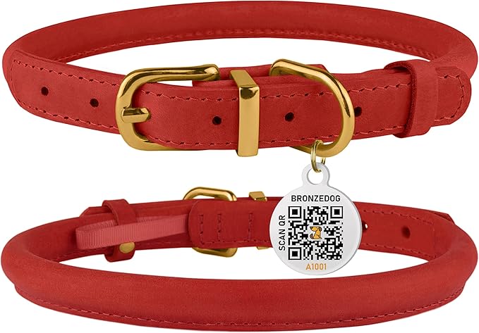 BRONZEDOG Rolled Leather Dog Collar with QR ID Tag Adjustable Soft Round Collars for Small Medium Large Dogs Puppy Cat (16" - 19" Neck Size, Classic Red)