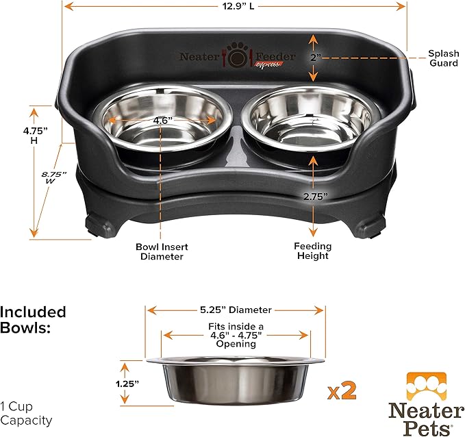 Neater Feeder Express Mess Proof Cat Bowls Elevated, No Spill Feeding Station, Stainless Steel Dishes for Food and Water, Raised Bowls for Indoor Cats, No Fatigue Whisker Friendly Dish, Black